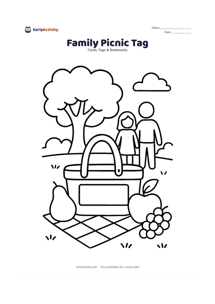 Worksheet: Draw a picnic basket-shaped gift tag at a family picnic under a leafy tree, with a folded mat, fruit and two simple family figures in the background. Reserve a broad blank panel on the…