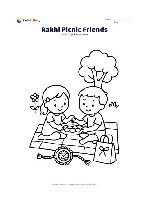 Worksheet: Show two children sitting on a picnic cloth in a garden, sharing a round snack plate while a large rakhi rests between them; add a tree, two flowers, and a gift bag. Leave open space…