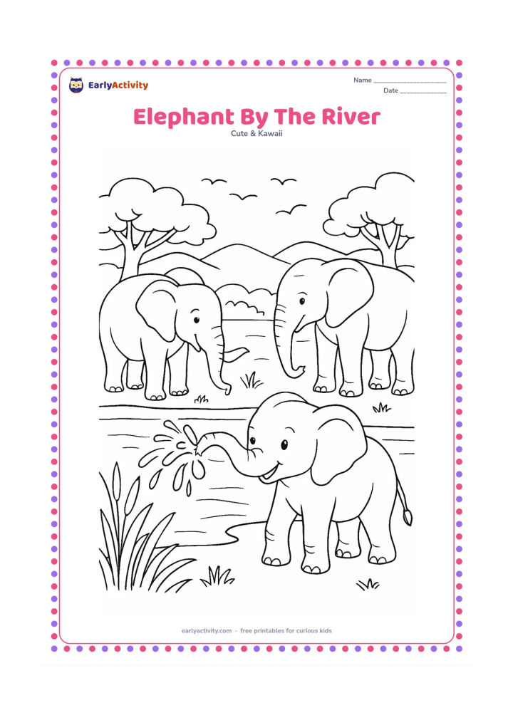 Colouring page: A young elephant uses its trunk to spray water while two adult elephants stand nearby at a riverbank. Include reeds, broad-leaved trees, distant hills and several birds in the sky.