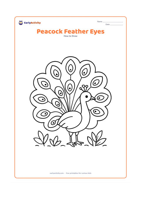 Worksheet: A peacock faces right with a wide open fan tail containing several large outlined feather eyes, each built from nested almond and oval shapes. Add a small garden border of leaves beneath…