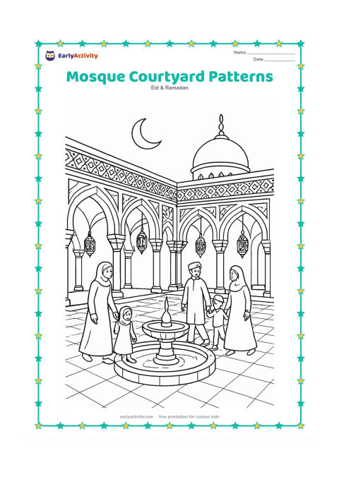 Colouring page: Draw an ornate mosque courtyard with repeating arches, tiled pathways, a central fountain, patterned lanterns, and families walking quietly beneath a crescent moon. Include…
