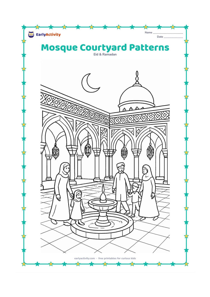 Colouring page: Draw an ornate mosque courtyard with repeating arches, tiled pathways, a central fountain, patterned lanterns, and families walking quietly beneath a crescent moon. Include…