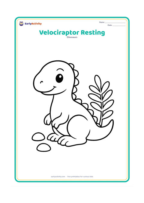 Colouring page: A friendly velociraptor sits with its legs folded, rounded feathers along its back, and its head turned toward the viewer. Add two simple stones and one broad fern nearby.
