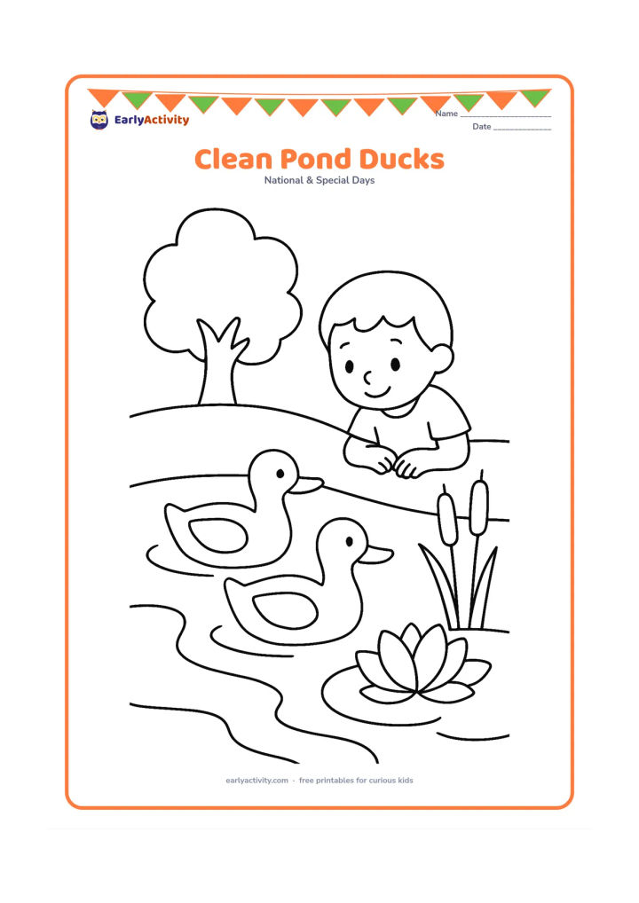 Colouring page: Draw two ducks swimming in a clean pond beside a large water lily and reeds. Include a child watching from the grassy bank and a tree with a few wide branches.