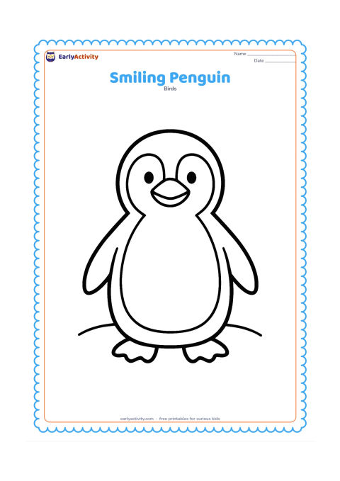 Colouring page: Draw one large friendly penguin standing front-facing with a wide smile, clear round head, beak, flippers, feet, and large belly. Add only a small snowy ground shape behind it.