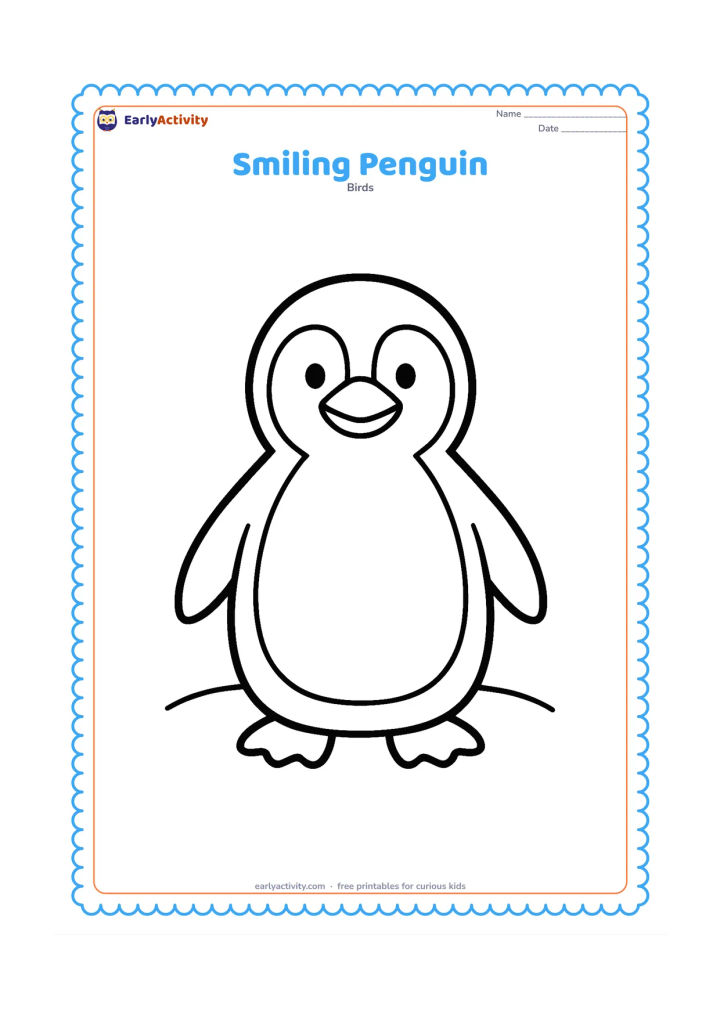 Colouring page: Draw one large friendly penguin standing front-facing with a wide smile, clear round head, beak, flippers, feet, and large belly. Add only a small snowy ground shape behind it.