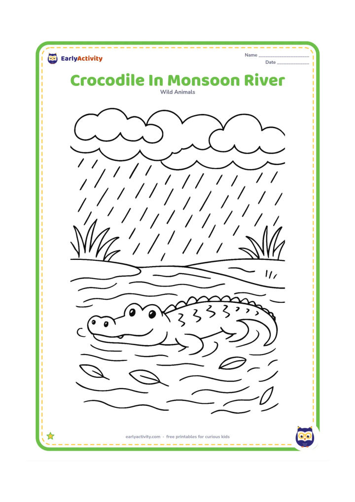 Colouring page: Draw a crocodile swimming through a gently flowing river during monsoon weather, with layered clouds, falling rain, riverbank grasses, and floating leaves. Show the crocodile's eyes and…