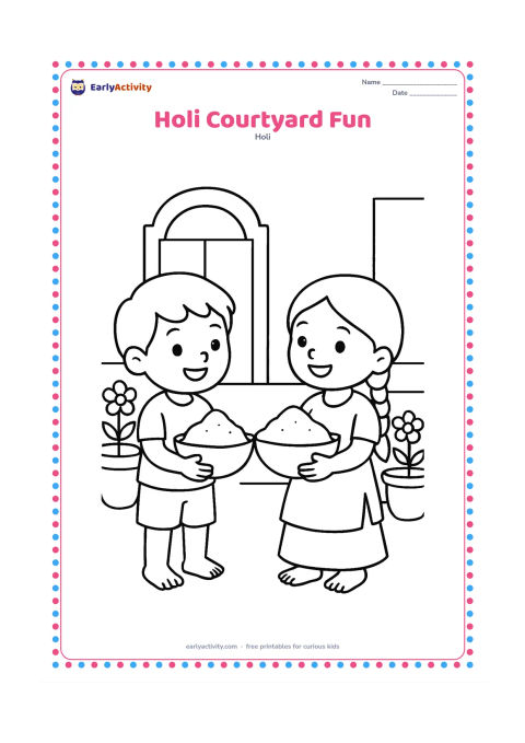 Colouring page: Two young children stand in an Indian home courtyard, each holding a large gulal bowl and smiling at one another. Include a doorway, a low wall, and two large flower pots.