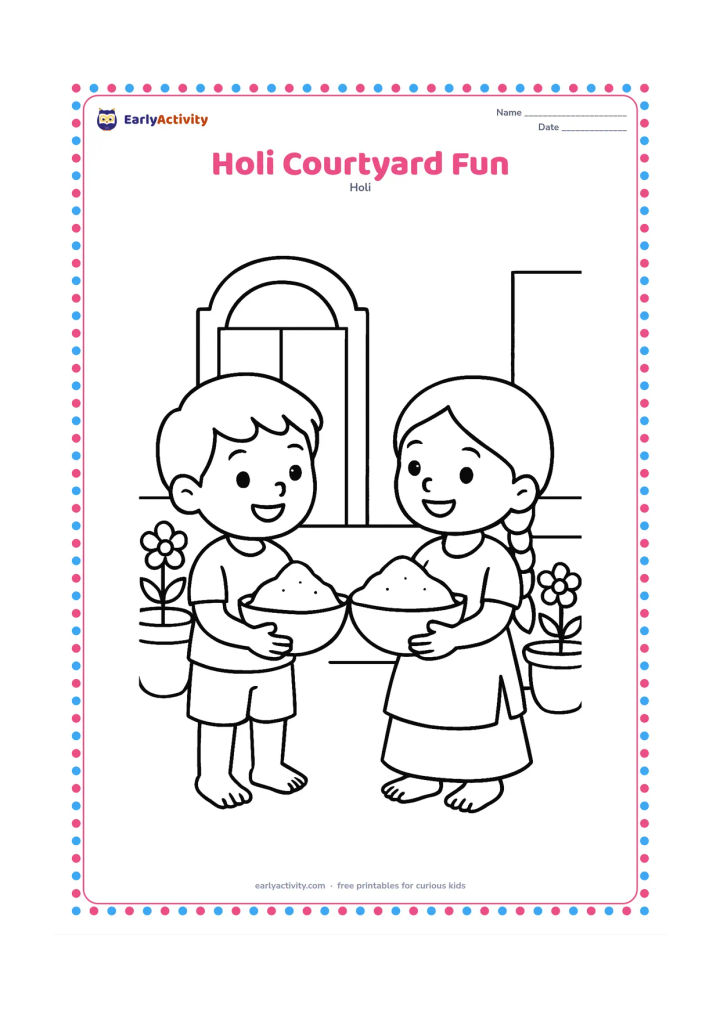 Colouring page: Two young children stand in an Indian home courtyard, each holding a large gulal bowl and smiling at one another. Include a doorway, a low wall, and two large flower pots.