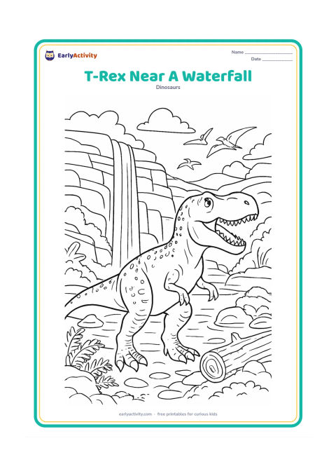 Colouring page: A T-Rex stands beside a broad waterfall flowing into a pool, with layered cliffs, mossy rocks, ferns, a fallen log, and a few pterosaurs in the distance. Include scale patterns, clear…