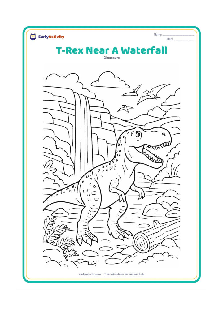 Colouring page: A T-Rex stands beside a broad waterfall flowing into a pool, with layered cliffs, mossy rocks, ferns, a fallen log, and a few pterosaurs in the distance. Include scale patterns, clear…