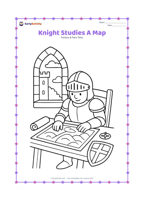 Colouring page: A knight sits at a wooden table studying a blank map of an imaginary kingdom, with a shield leaning against the chair. Show a castle window, a rolled scroll without markings, and a small…