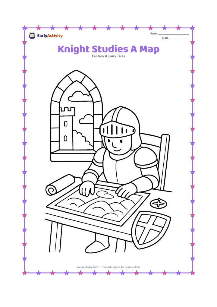 Colouring page: A knight sits at a wooden table studying a blank map of an imaginary kingdom, with a shield leaning against the chair. Show a castle window, a rolled scroll without markings, and a small…
