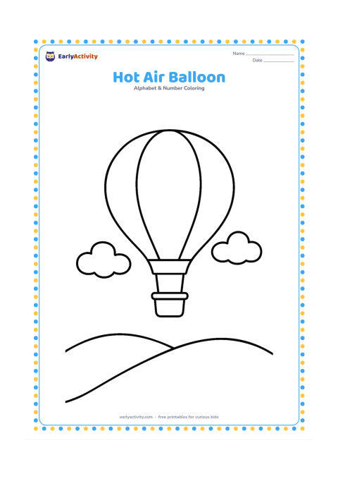 Colouring page: A hot air balloon floats above a low hill with a small basket beneath it and two clouds in the sky. The balloon panels must be plain, with no symbols, letters, numbers, or patterns.