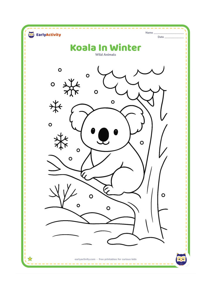 Colouring page: Draw a koala sitting snugly on a branch beneath a leafy tree while light snowflakes fall. Add bare distant branches, rounded hills and a small patch of snow on the ground.