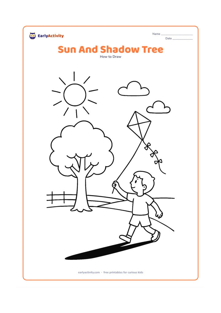 Worksheet: Show a high afternoon sun with mixed straight and curved rays above a broad tree, a child flying a kite and the tree's long shadow across the ground. Include a distant fence and a few…