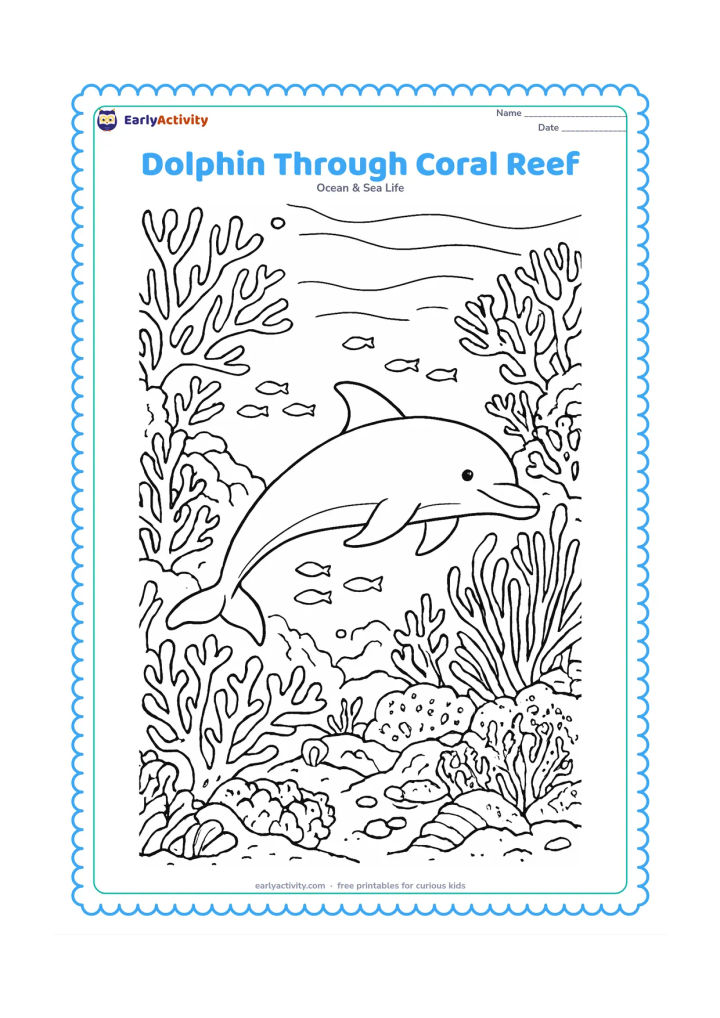 Colouring page: Draw one dolphin swimming through a detailed coral reef passage with branching coral, sea fans, seaweed, shells, and a group of small fish. Use a clear foreground, middle ground, and…