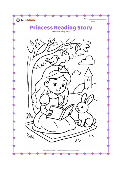 Colouring page: Draw a princess sitting beneath a tree and reading an open picture book to a rabbit and a small bird. Add a castle tower in the distance, leafy branches, and a rug.