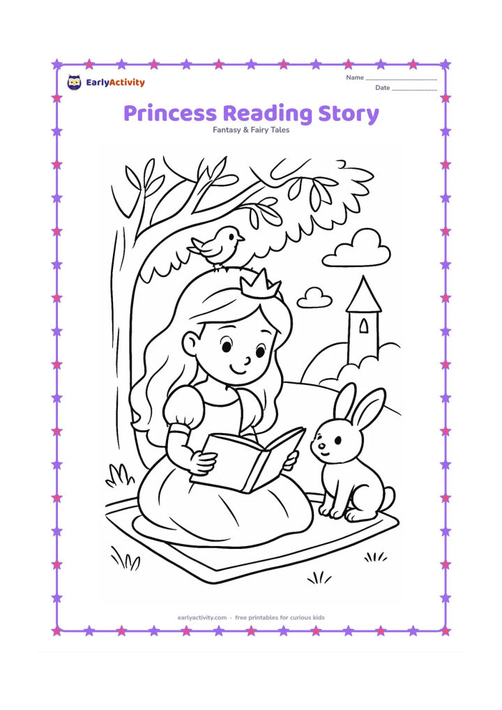 Colouring page: Draw a princess sitting beneath a tree and reading an open picture book to a rabbit and a small bird. Add a castle tower in the distance, leafy branches, and a rug.