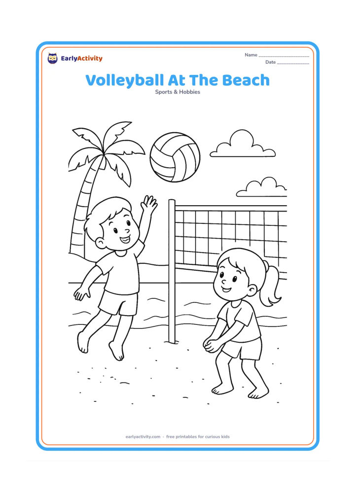 Colouring page: Two children play volleyball on a sandy court, with one child jumping to hit the ball over a net and the other preparing to receive it. Add a shoreline, palm tree and low clouds in the…