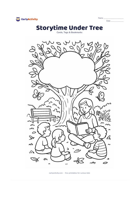 Worksheet: A teacher reads an open picture book to children seated beneath a large tree in a school garden, with butterflies, fallen leaves, a bench and a blank cloud-shaped writing space between…