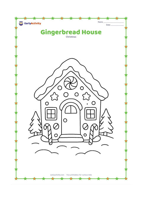 Colouring page: A cheerful gingerbread-style Christmas house has a roof, door, windows, candy-cane posts, gumdrop shapes and snow along the roof edge. Surround it with simple snow-covered ground and two…