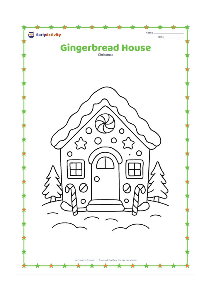 Colouring page: A cheerful gingerbread-style Christmas house has a roof, door, windows, candy-cane posts, gumdrop shapes and snow along the roof edge. Surround it with simple snow-covered ground and two…