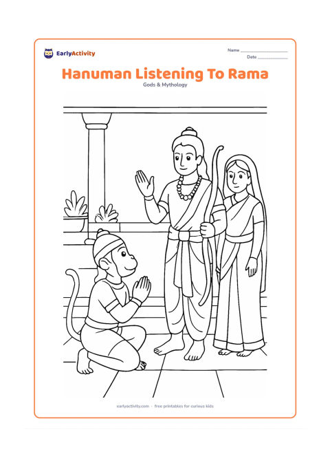 Colouring page: Hanuman kneels attentively before Rama, who gestures while explaining a journey, with Sita standing calmly nearby. Set the scene in a palace courtyard with columns, potted plants, and a…