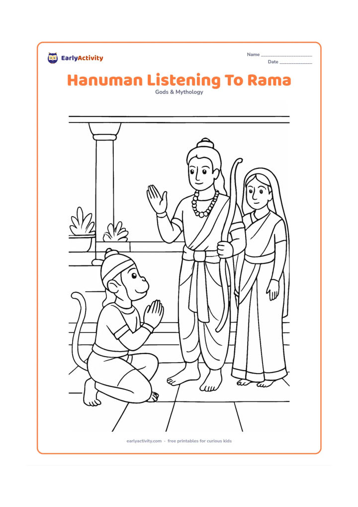 Colouring page: Hanuman kneels attentively before Rama, who gestures while explaining a journey, with Sita standing calmly nearby. Set the scene in a palace courtyard with columns, potted plants, and a…