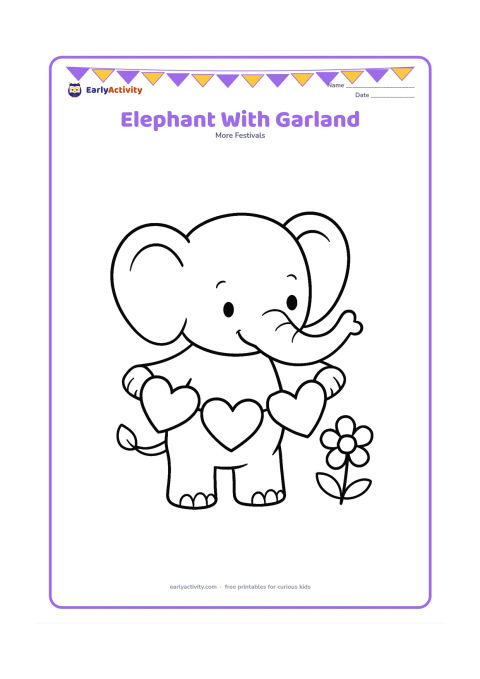 Colouring page: A friendly baby elephant holds a short garland of large hearts with its trunk, standing beside one simple flower.