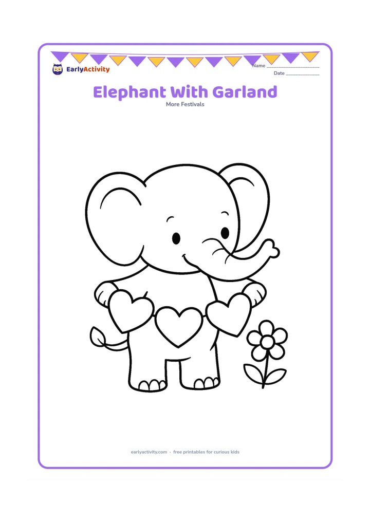 Colouring page: A friendly baby elephant holds a short garland of large hearts with its trunk, standing beside one simple flower.