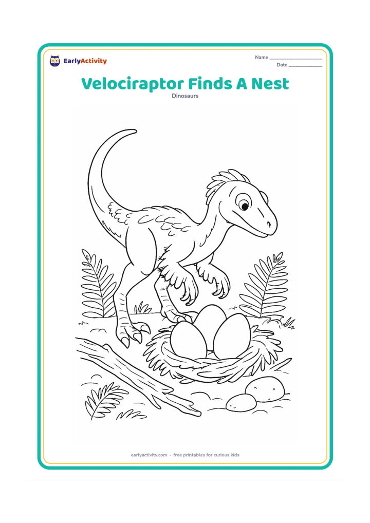 Colouring page: A feathered velociraptor leans forward to inspect a nest containing three eggs, with its balancing tail raised behind it. Surround the nest with ferns, fallen branches, and a few rounded…