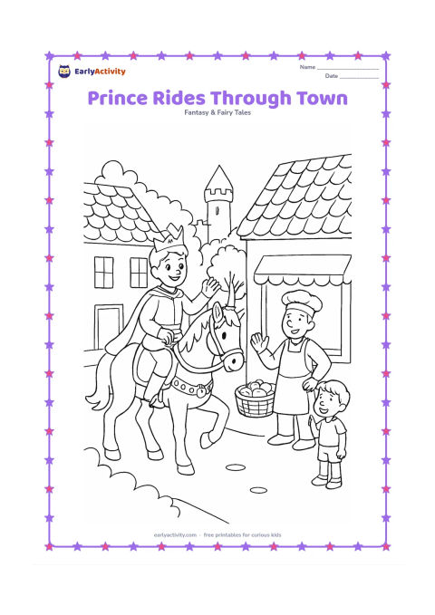 Colouring page: A prince rides a decorated horse along a cheerful village street, greeting a baker and a child near simple shop fronts. Include roof tiles, baskets, trees, and a castle tower in the…