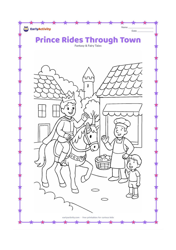 Colouring page: A prince rides a decorated horse along a cheerful village street, greeting a baker and a child near simple shop fronts. Include roof tiles, baskets, trees, and a castle tower in the…