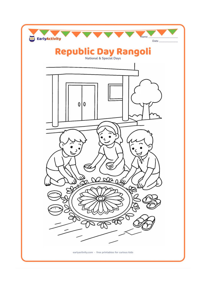Colouring page: Three children kneel outside a school veranda in the afternoon, adding coloured powder to a large circular rangoli featuring a simple Ashoka Chakra and flower-and-leaf borders. Show…