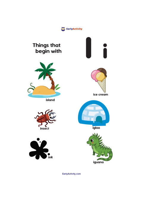 Worksheet showing uppercase and lowercase I with pictures labelled island, ice cream, insect, igloo, ink and iguana.