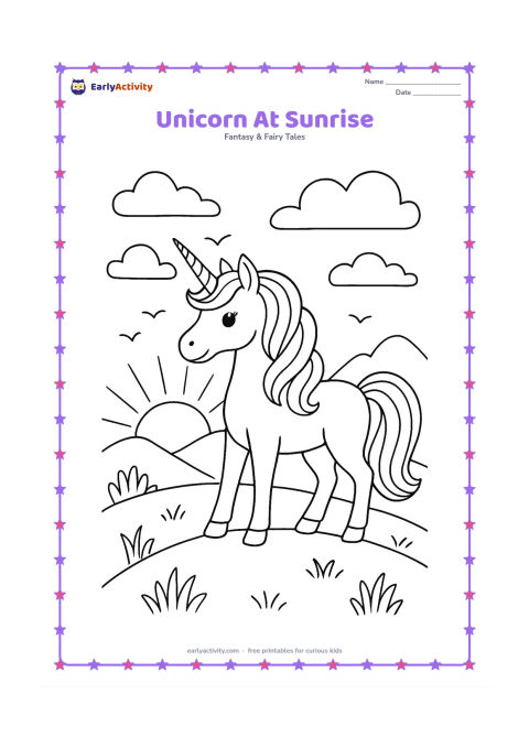 Colouring page: Draw one unicorn standing on a hill as the sun rises behind distant mountains. Add layered clouds, grasses, small birds, and a mane and tail divided into repeating curved sections.
