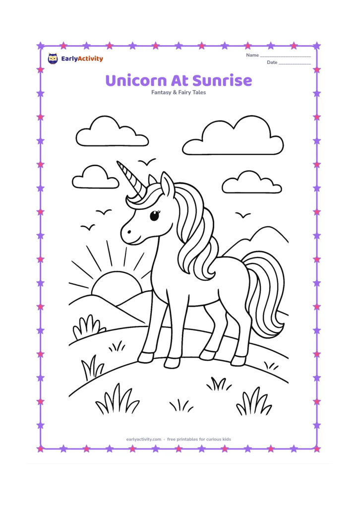 Colouring page: Draw one unicorn standing on a hill as the sun rises behind distant mountains. Add layered clouds, grasses, small birds, and a mane and tail divided into repeating curved sections.