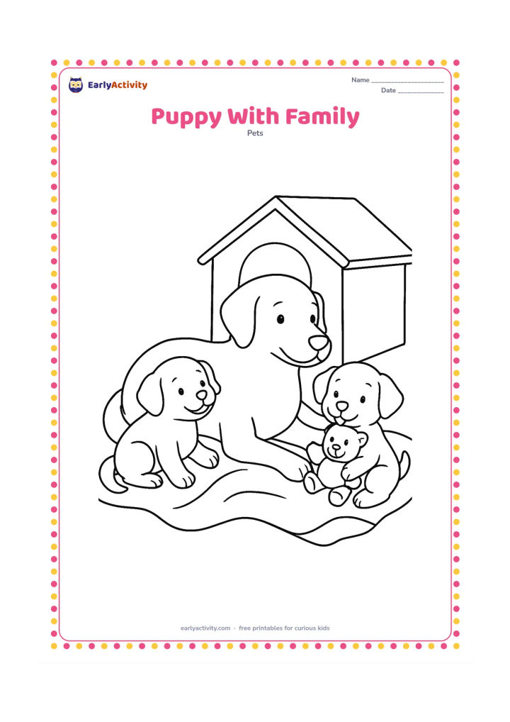 Colouring page: Draw a mother dog resting beside two playful puppies on a blanket, with one puppy leaning against her and the other holding a soft toy. Add a simple kennel shape behind them.