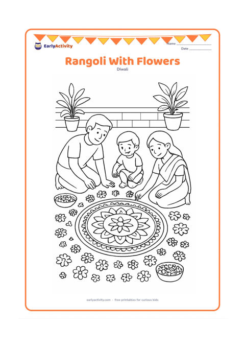 Colouring page: A family places marigold petals and flower shapes around a large geometric rangoli in a central courtyard. Include bowls of petals, a low wall, and potted plants.