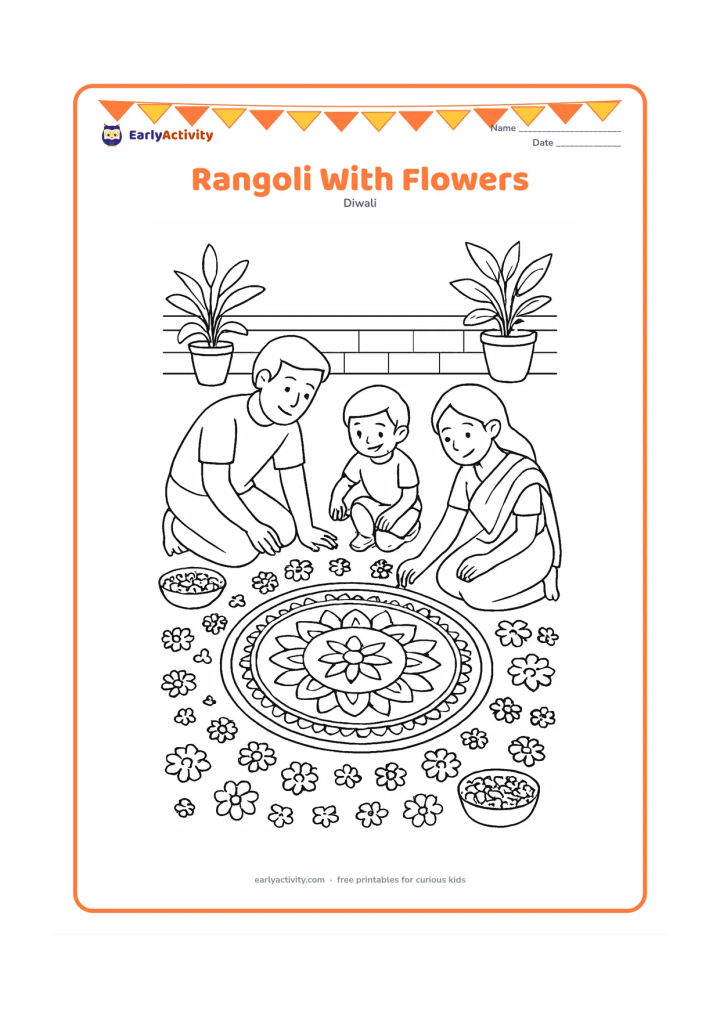 Colouring page: A family places marigold petals and flower shapes around a large geometric rangoli in a central courtyard. Include bowls of petals, a low wall, and potted plants.