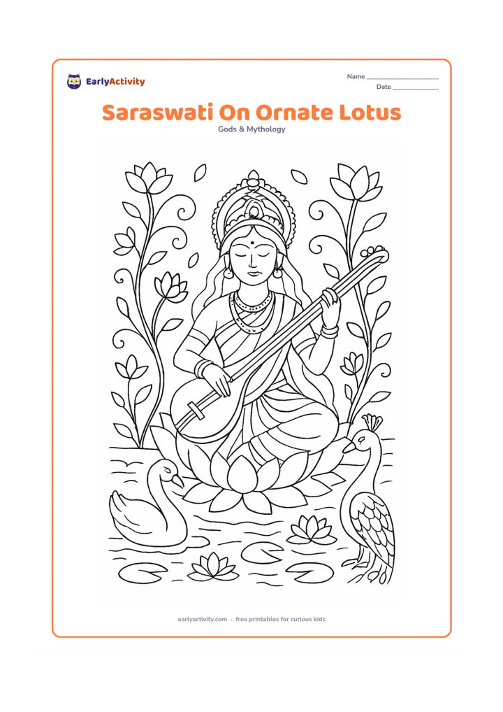 Colouring page: Saraswati sits serenely on a layered lotus throne and plays her veena, surrounded by curling lotus stems, floating petals, and a detailed pond. Add a swan and a peacock placed on…