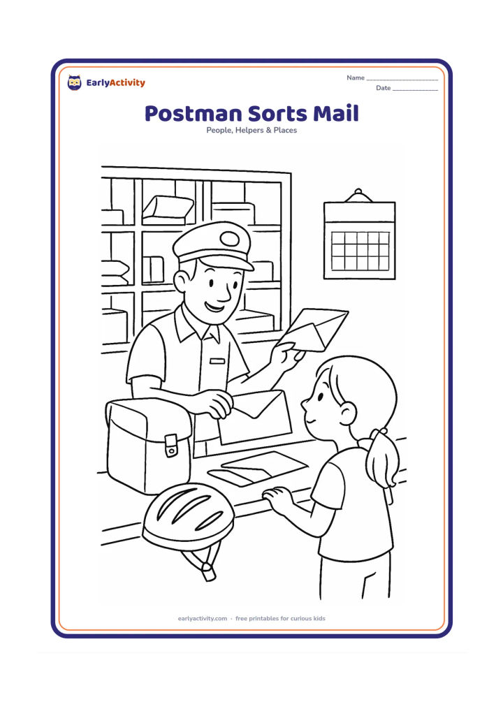 Colouring page: A postman sorts plain envelopes and parcels at a neighbourhood post counter, with a child watching from the other side. Include pigeonholes, a mailbag, a bicycle helmet and a wall…