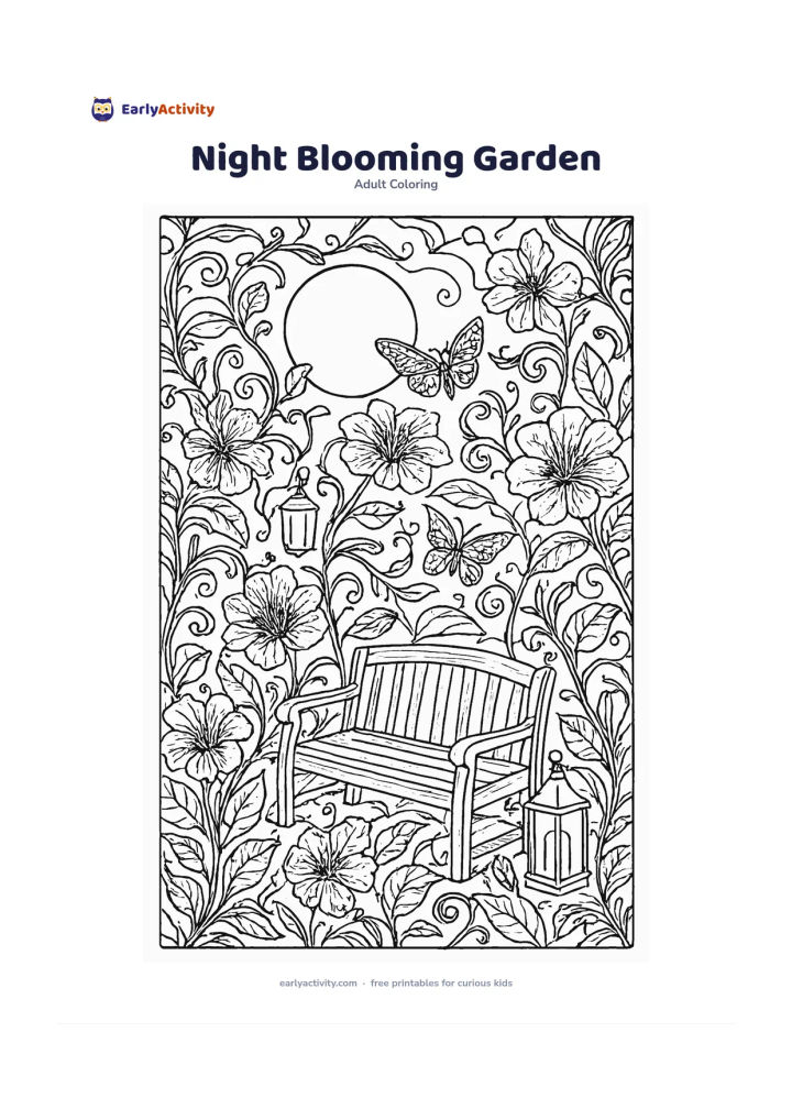 Colouring page: Draw a moonlit garden with night-blooming flowers, curling vines, large leaves and a few moths. Include a round moon, a garden bench and lanterns with simple unmarked surfaces.