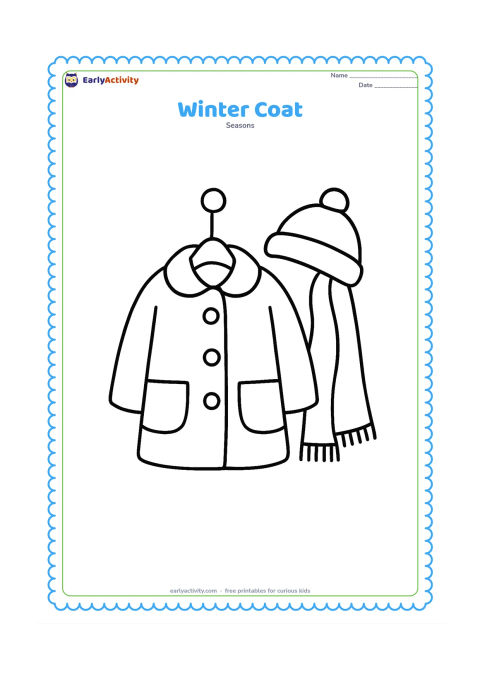 Colouring page: A warm buttoned coat hanging on a simple wall hook, with a cap and scarf beside it. Show the coat front-on with large pockets and broad sleeves.