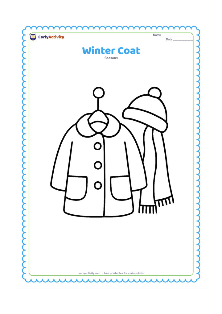 Colouring page: A warm buttoned coat hanging on a simple wall hook, with a cap and scarf beside it. Show the coat front-on with large pockets and broad sleeves.