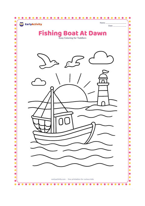 Colouring page: Draw a fishing boat moving across gentle water at dawn, with a raised net, a small cabin and two seabirds nearby. Add a lighthouse on a distant shore without any stripes containing…