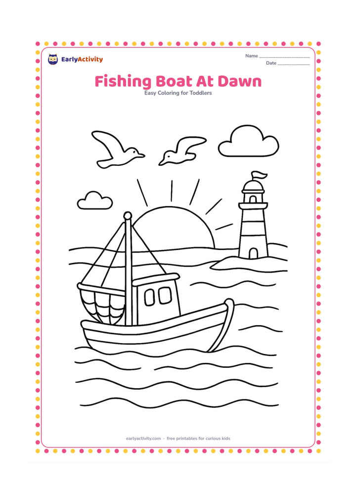 Colouring page: Draw a fishing boat moving across gentle water at dawn, with a raised net, a small cabin and two seabirds nearby. Add a lighthouse on a distant shore without any stripes containing…