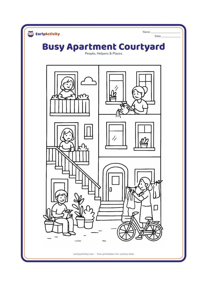Colouring page: Draw a detailed apartment courtyard with a multi-storey home, balconies, stairways, entrance, windows, potted plants, bicycle and shared clothesline. Include several neighbours doing…