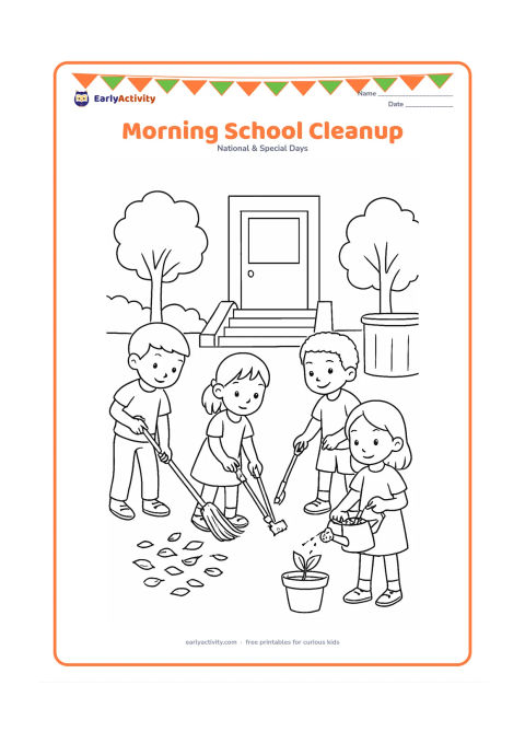 Colouring page: Draw a group of pupils tidying a school courtyard before class: one sweeps leaves, two pick up litter with tongs and another waters a classroom plant. Include steps, a doorway, trees and…
